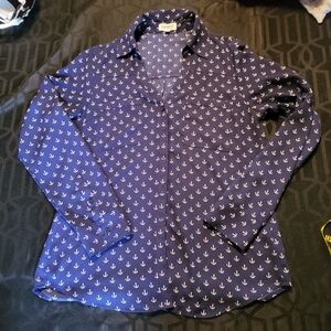 Express Women's Shirt Portofino Button Up Blue Anchors Nautical Blouse Top Small